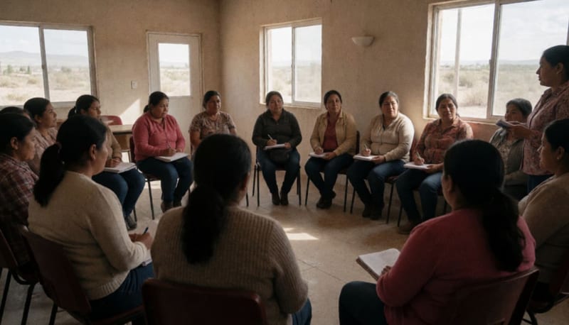Mujeres reunidas en círculo durante un taller de autoestima en un centro comunitario de Camargo