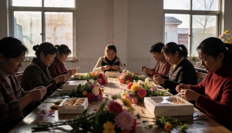 Mujeres participantes trabajando con flores y materiales de repostería en un taller comunitario