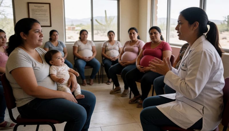 Madres e instructora en sesión de capacitación sobre lactancia materna dentro de una sala con luz natural