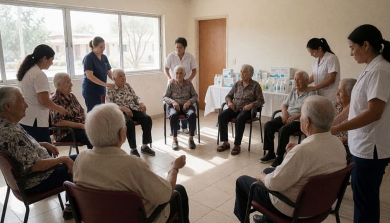 Adultos mayores realizando ejercicios guiados en un salón comunitario con asistencia de voluntarios