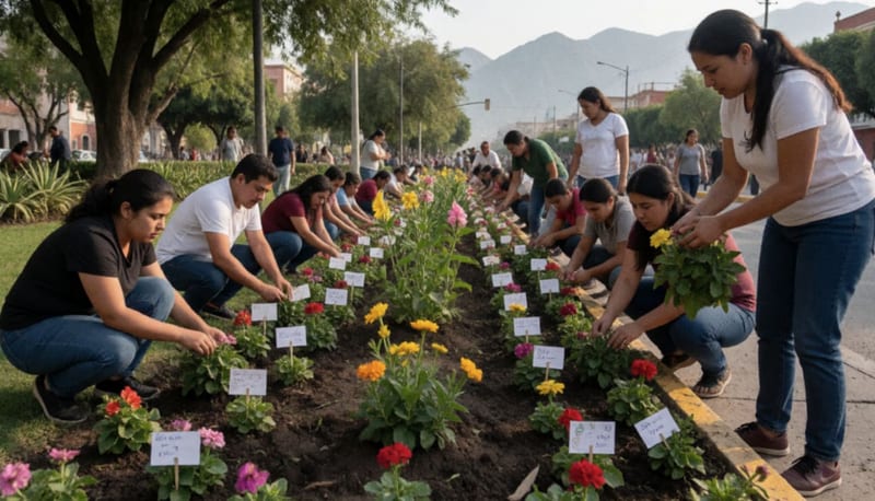Ciudadanos y jóvenes voluntarios plantando flores y colocando mensajes en un jardín comunitario del parque