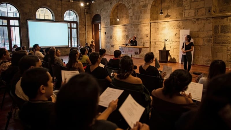 Asistentes en una sala de patrimonio cultural escuchando una presentación sobre participación de mujeres en democracia