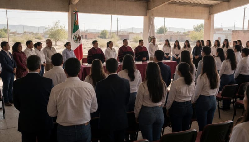 Ceremonia académica con asistentes reunidos en un auditorio del norte de Chihuahua celebrando un aniversario institucional