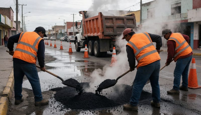 Cuadrilla de trabajadores de espaldas rellenando un bache con asfalto caliente en una avenida mojada con conos naranjas y un camión de volteo