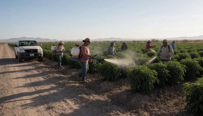 Agricultores aplicando tratamiento químico en cultivos de chile en un terreno árido durante el atardecer