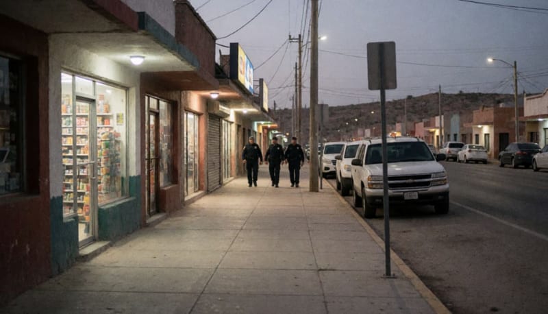 Policías realizando recorridos nocturnos en una calle con tiendas de servicio 24 horas