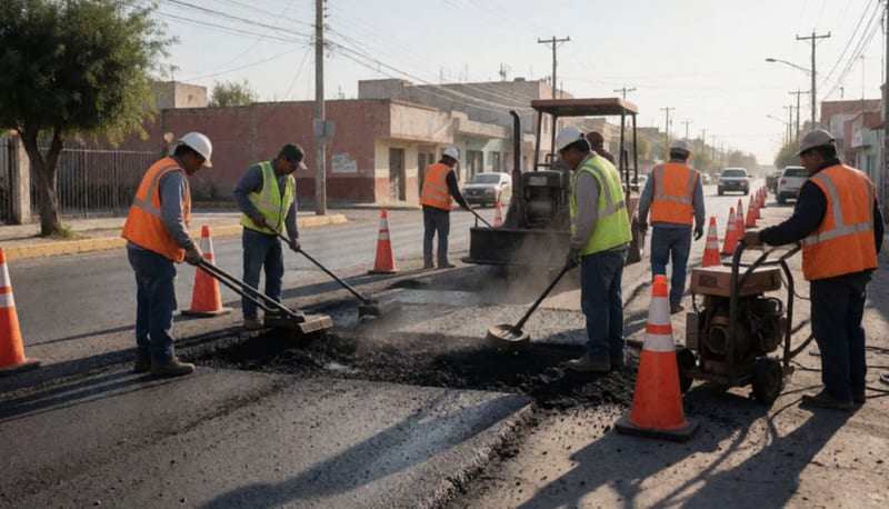Trabajadores reparando una vialidad con maquinaria de bacheo en una calle de Camargo