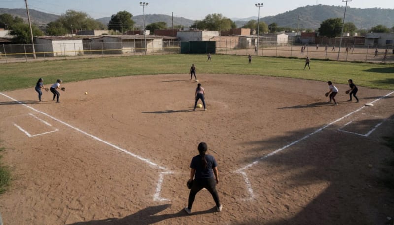 Cancha de softbol en Parral con equipos jugando bajo el sol de la tarde
