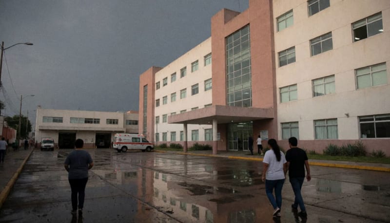 Fachada de un hospital con el pavimento mojado y encharcado tras una tormenta al anochecer