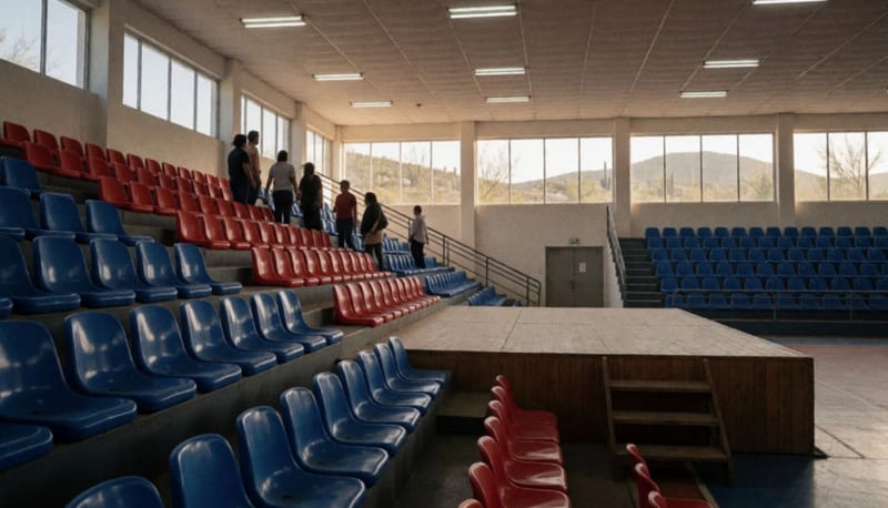 Interior de arena deportiva con asientos vacíos y escenario elevado listo para conferencia