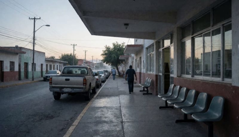 Entrada tranquila de un hospital al amanecer con sillas de plástico vacías y una camioneta estacionada junto a la banqueta