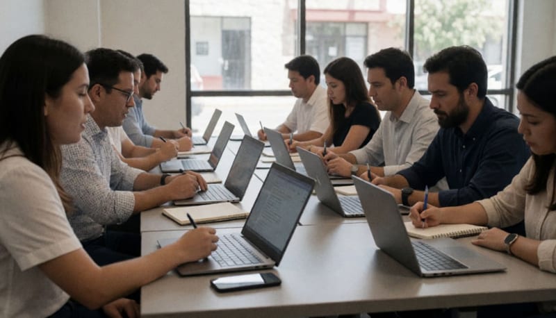 Empresarios y emprendedores participando en una sesión de capacitación con computadoras portátiles en un aula moderna