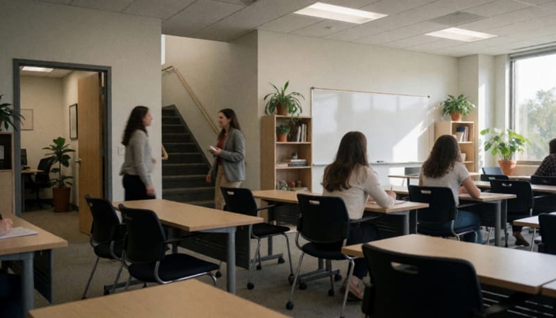 Aulas modernas con pupitres y pizarrón en el nuevo espacio académico de la Universidad de las Mujeres