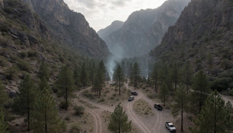 Vista aérea de un claro entre pinos en una sierra con caminos de terracería y camionetas estacionadas a lo lejos
