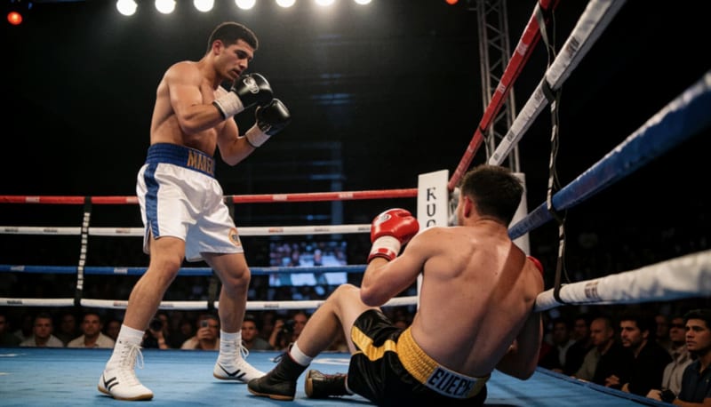 Boxeador en el ring levantando su puño tras lograr un nocaut en un combate profesional