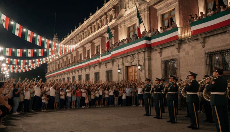 Multitud de familias reunidas en la plaza municipal de Delicias durante la conmemoración del Grito de Independencia al atardecer
