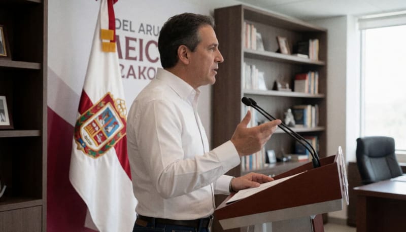 Funcionario municipal gesturando durante un discurso político en un despacho oficial