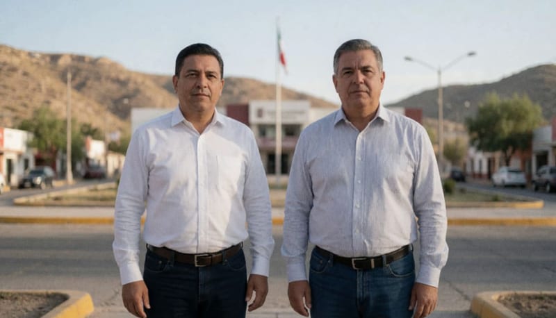 Dos presidentes municipales posando juntos en un entorno exterior de zona semiárida