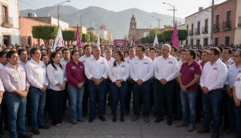 Reunión de militantes panistas en plaza de Delicias con autoridades locales bajo luz del atardecer