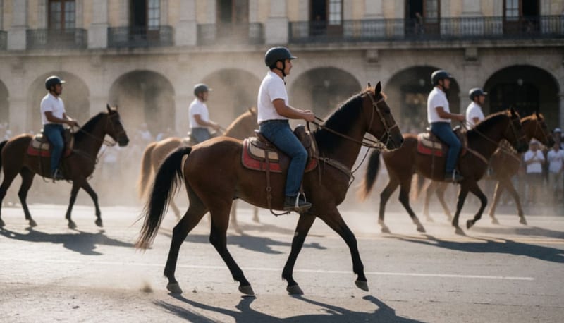 Jinete cayendo de su caballo en una calle durante una cabalgata en Camargo