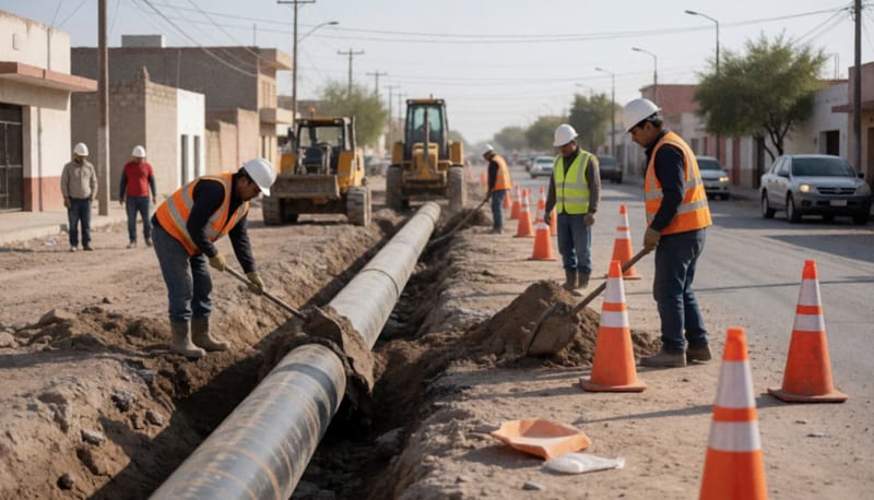 Trabajadores instalando tuberías de agua en una obra de infraestructura hídrica en el municipio