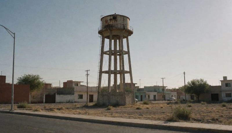 Tanque elevado de concreto abandonado en zona residencial de Camargo bajo cielo despejado