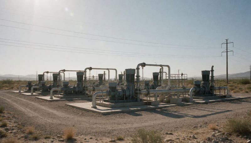 Estación de bombeo de agua con instalaciones industriales en el paisaje árido del norte de México