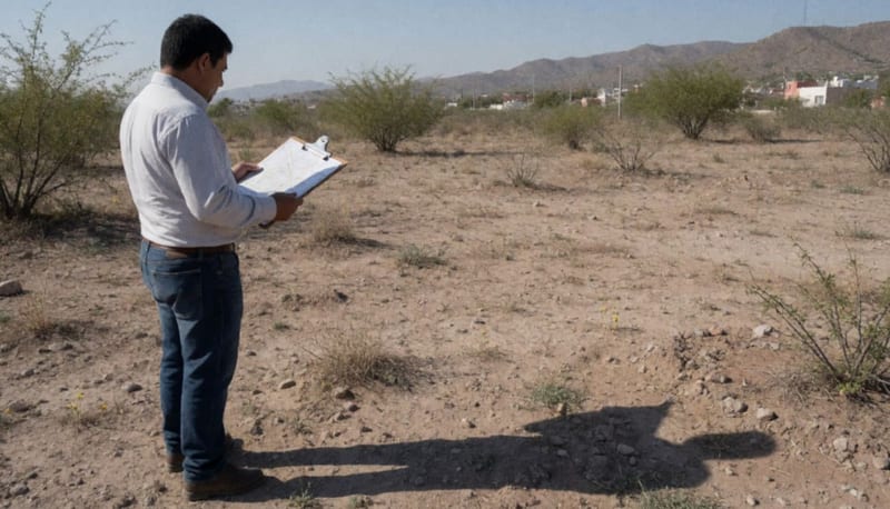 Persona revisando documentación en un terreno sin desarrollar en zona árida de Camargo