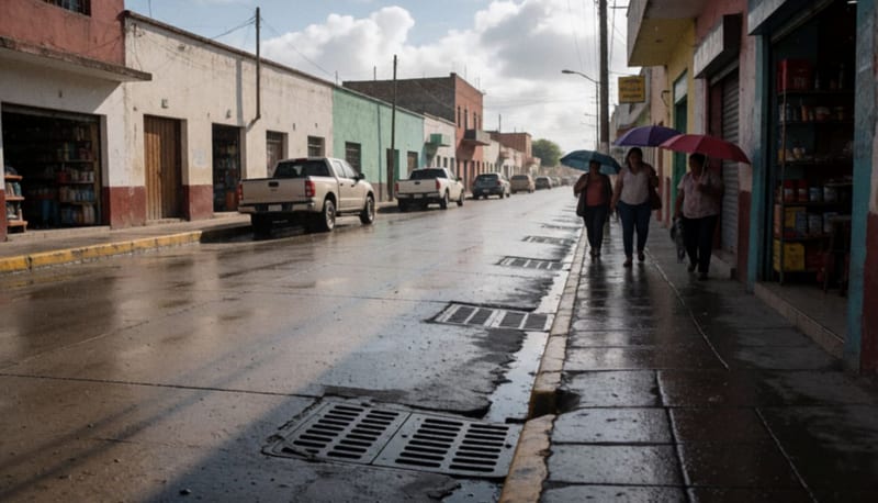 Calle mojada de Ciudad Juárez durante lluvia con tapas de alcantarillas visibles en la banqueta