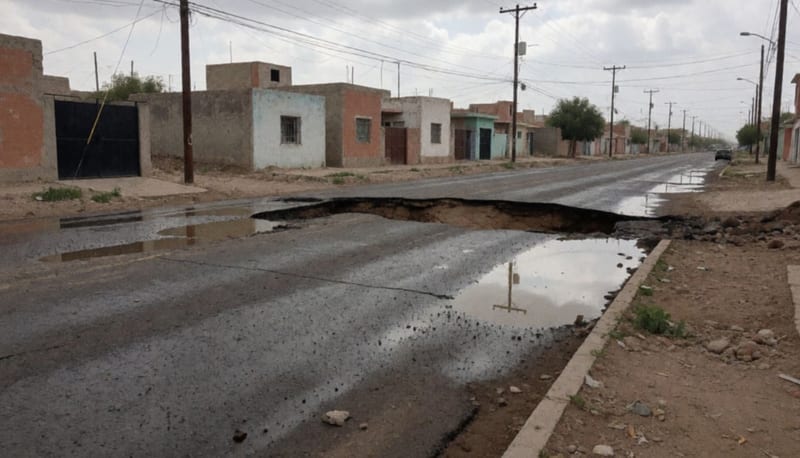 Calle con hundimiento y charcos de agua tras las lluvias en un barrio de la ciudad