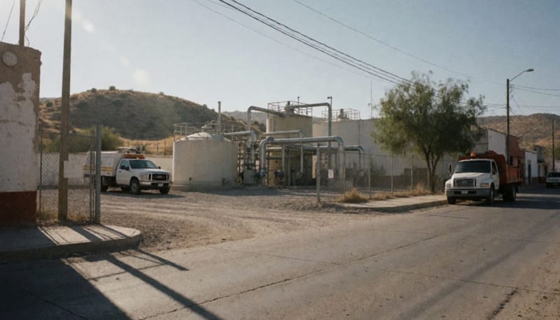 Instalaciones de distribución de agua con tanques y tuberías en zona industrial de la ciudad