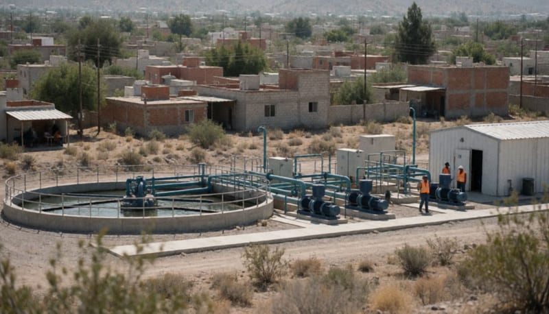 Instalaciones de una planta potabilizadora con tuberías y equipos de bombeo en zona semidesértica