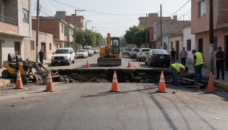 Área hundida en una calle urbana con equipo de construcción y conos de seguridad alrededor