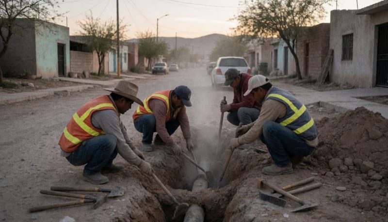Trabajadores de la JMAS inspeccionan una tubería en excavación en calle de Camargo