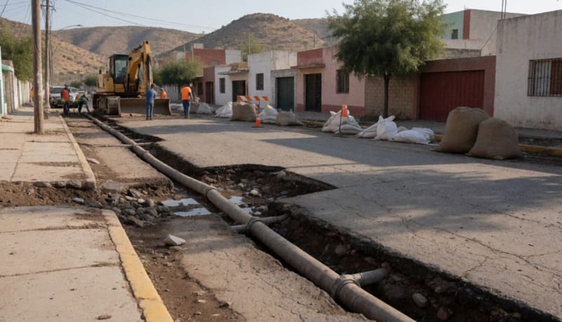 Calle erosionada con tuberías de agua y drenaje expuestas tras el deslave en un fraccionamiento