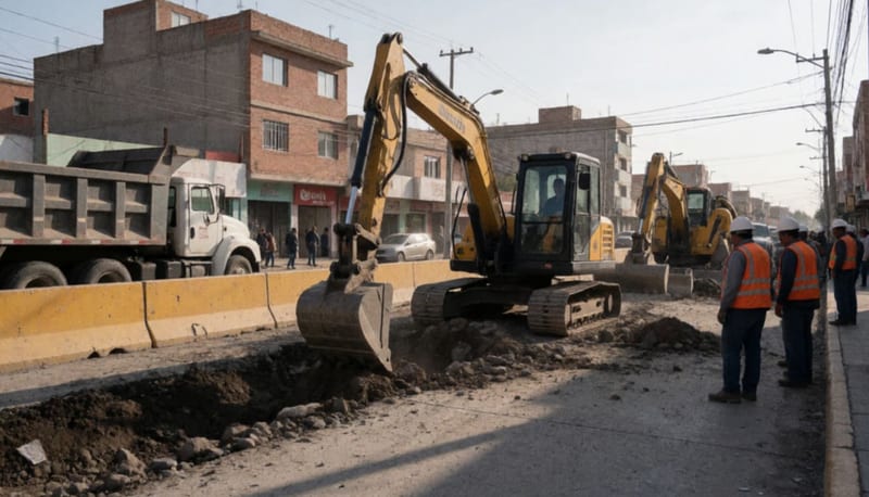 Trabajos de excavación en una calle urbana con retroexcavadora removiendo pavimento y equipo especializado de drenaje estacionado