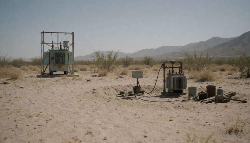 Sitio de un pozo de agua en terreno árido con equipamiento técnico y herramientas en el suelo