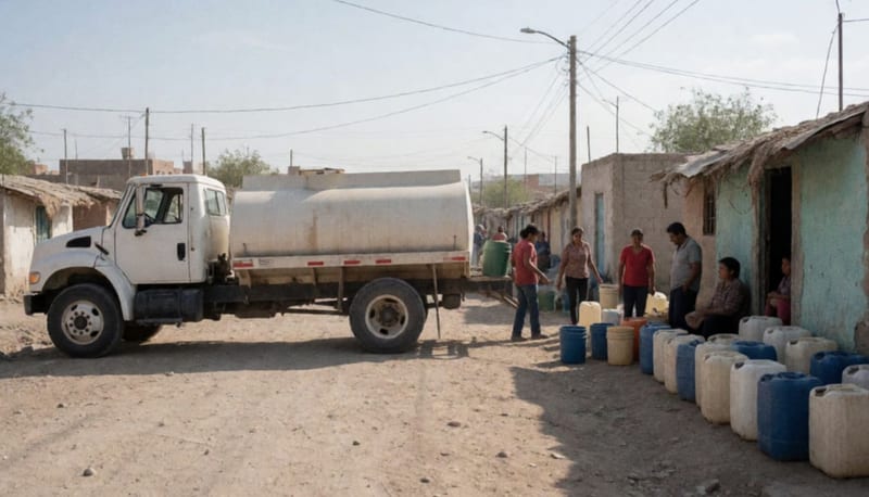 Camión cisterna abasteciendo agua en una calle de tierra de un sector residencial del norte de México