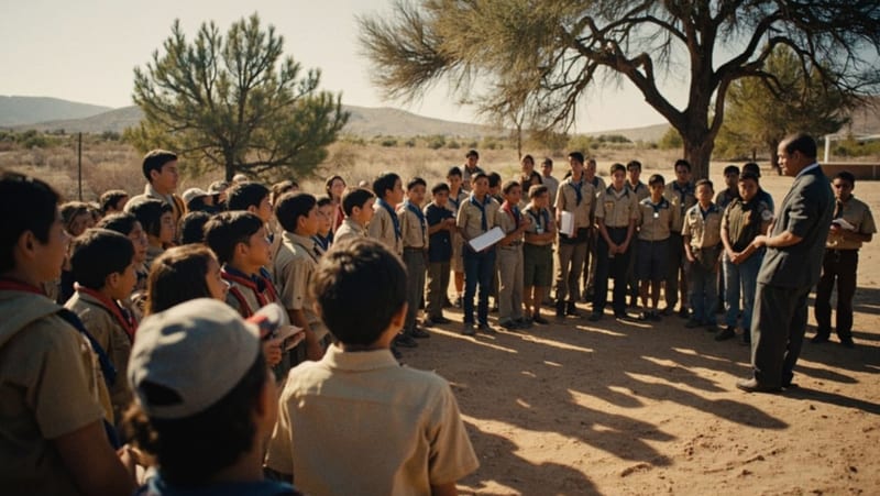 Jóvenes scouts reunidos al aire libre escuchando a un representante de la autoridad del agua en una zona árida