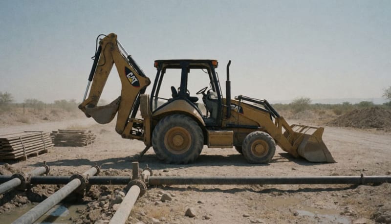 Retroexcavadora estacionada en terreno árido con tuberías de agua y materiales de construcción alrededor
