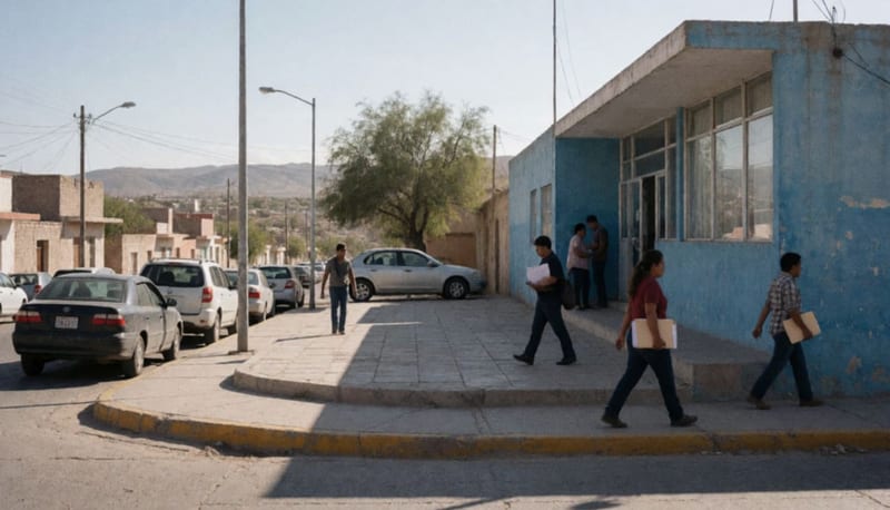 Edificio de oficinas municipales en una plaza de Camargo con personas circulando por la banqueta bajo la luz matutina