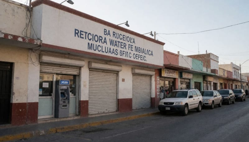 Fachada de oficinas municipales con puertas cerradas y cajero automático en una calle de Camargo