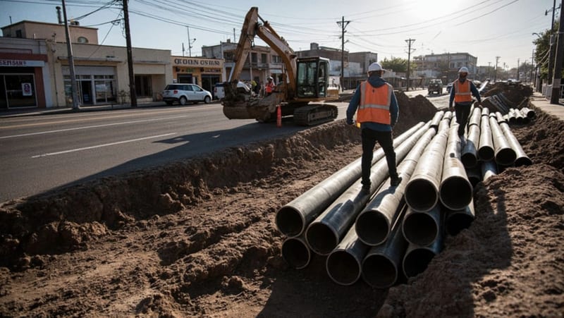 Trabajadores realizando labores de excavación y cambio de tuberías de drenaje en una calle del municipio
