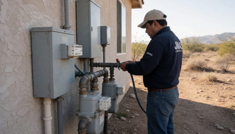 Técnico de JMAS revisando tuberías y medidores de agua en una vivienda de Camargo