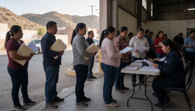 Trabajadores de maquiladora en fila esperando atención de personal de JMAS en sus instalaciones