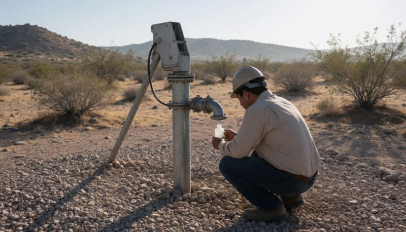 Técnico visto de espaldas junto a una tubería de un pozo en terreno árido, tomando una muestra de agua