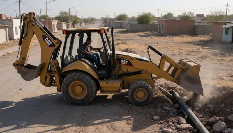 Retroexcavadora operando en una calle del municipio de Camargo durante trabajos de infraestructura hidráulica