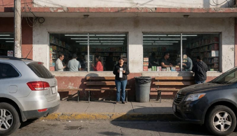 Fachada de tienda de conveniencia en Chihuahua con clientes realizando trámites en la entrada