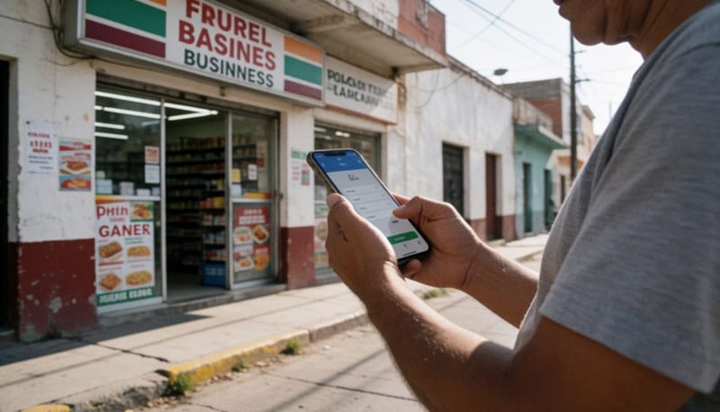 Ciudadano realizando un pago de servicios de agua a través de su teléfono móvil en una tienda de conveniencia