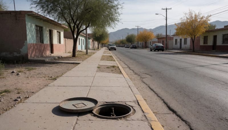 Una caja de medidor de agua abierta en la banqueta de una calle residencial de casas de un piso